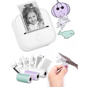 Memoking Mini Stampante Portatile - T02 Tascabile con 3 Rotoli di Carta, Stampante Fotografica Bluetooth per Compleanno dei Bambini, Compatibile con Telefono e Tablet, Bianco