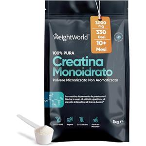 WeightWorld Creatina Monoidrata in Polvere 1000g, Creatina 3000mg 100% Pura, 330 Dosi (10+ Mesi), Fattore di Maglia 200, Creatina Vegana Micronizzata, Pre Workout, Intra Workout, Post Workout, Creatina Monoidrato