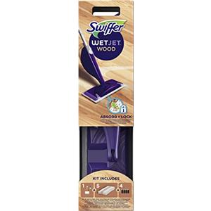Swiffer WetJet Wood - Kit completo per scopa per legno, 5 salviette per legno, 1 detersivo liquido per legno, 4 batterie, soluzione progettata per pavimenti in legno finiti