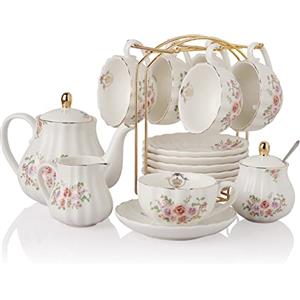 Sweejar Home Servizio da tè in porcellana Royal Family, 225 ml, su tazze e piattini con teiera, zuccheriera, tazze da tè e caffè in ceramica (fiore di rosa)
