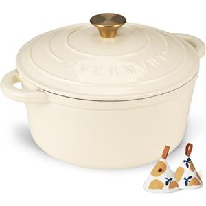 Overmont Casseruola in Ghisa Smaltata - Antiaderente Forno Olandese con Coperchio - Ø28 CM Rotonda Cocotte per Adatto a Piani di Cottura e Forni a Induzione - Bianco