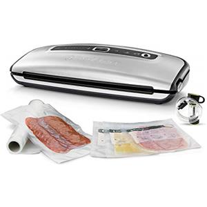 FoodSaver FFS015X macchina sottovuoto per alimenti secchi/umidi, aspirazione + sigillatura automatica o solo sigillatura, tubo adattatore per contenitori, inclusi 10 sacchetti, 1 rotolo 3mt, argento