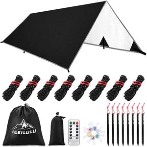 IEEILULU Tarp Campeggio, 3x3 Tende da Sole, Tenda Tarp Ultralight Con 6 Corde Vento e 6 Chiodi, Telo per Tenda da Impermeabile, Telo Antipioggia per Escursione Picnic All'aperto (Nero, 3x3m)