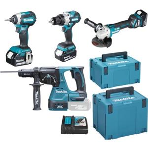 Makita Kit DLX4104TJ1 - Trapano a Percussione DHP481, Tassellatore DHR243, Avvitatore DTD153, Smerigliatrice DGA513, 3 Batterie 5Ah e Caricabatterie DC18RC