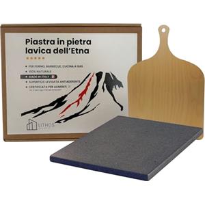 LITHOS MATERIE KIT PIETRA ANTIADERENTE LAVICA OLLARE ETNEA PER PIZZA 39 x 35 x 2 + PALA PER FORNO ELETTRICO A GAS E BARBECUE PER CARNE PESCE E VERDURE REFRATTARIA