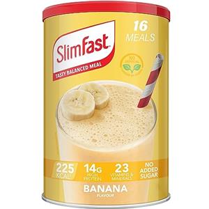 SlimFast Frullato sostitutivo del pasto per dimagrire e dieta equilibrata, vitamine e minerali, ipocalorico, alto contenuto proteico, aroma banana, 16 porzioni, 584 g, la confezione può variare