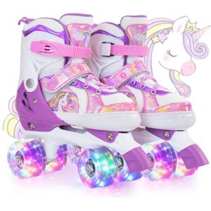 OLYSPM Pattini a Rotelle Bambina,Pattini a 4 Ruote Regolabili in 4 Misure con 8 Ruote Lampeggianti per Ragazzi,Ragazze e Principianti(Viola)