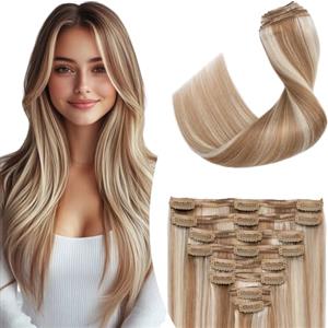 Elailite Extension Capelli Veri Clip Volumizzante 150g 8 Fasce Folte Double Weft 100% Remy Human Hair Balayage 50cm #6P613 Castano/Biondo Chiaro