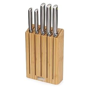 Joseph Joseph Elevate Set di 5 Coltelli da Cucina Professionale, Chef, Santoku, Acciaio Inox Giapponese, con Ceppo Portacoltelli, Legno Bambù