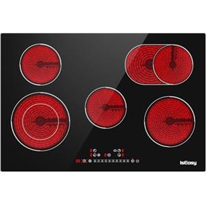 IsEasy Piano Cottura in Vetroceramica 5 Fuochi, Piano Cottura Elettrico, 77cm, 8600W, 4 Zone di Cottura, 9 Livelli di Riscaldamento, Timer, Controllo Tocco, Sicurezza Bambini