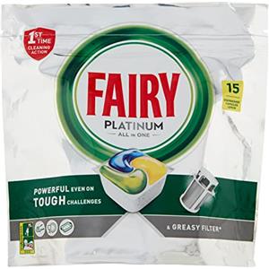 Fairy Platinum Tutto in Uno Limone, Pastiglie per Lavastoviglie, 15 Capsule, per Sfide Difficili, Pulisce i Residui di Grasso nel Filtro