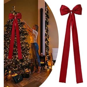 Generic Fiocco per puntale per albero di Natale, 40,6 x 144,8 cm, grandi fiocchi di raso rosso lunghi per albero di Natale, fiocco gigante per auto, fiocco di velluto rosso per casa, Natale, vacanze, feste,