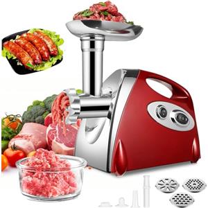 SINZUX Tritacarne e Salsicciaio elettrico, 2800 W Tritacarne e Salsicciaio, ruota in avanti e indietro, con 3 diverse piastre di taglio, set per salsicce e kubbe (rosso)