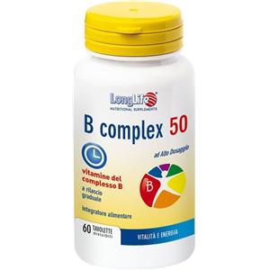 Longlife B Complex 50 - Integratore Vitaminico con 11 Vitamine del Gruppo B, 60 Tavolette, Adatto a Vegetariani e Vegani, Senza Glutine