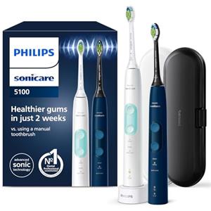 Philips Sonicare ProtectiveClean 5100 spazzolino elettrico, spazzolino sonico con 3 modalità di spazzolamento, sensore di pressione, timer e custodia da viaggio, bianco e blu, HX6851/34