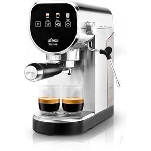 Ufesa Sienna Macchina da Caffè Espresso e Cappuccino, Pressione 20 Bar, Pannello Digitale Tattile, 1360W, Vaporizzatore Orientabile, 0.9L, 1 o 2 Caffè, Caffè Macinato o in Cialde ESE, Inox