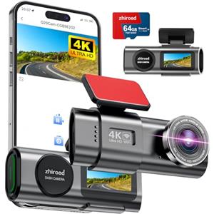 zhiroad Dash Cam Auto, 4K Dashcam con 64G Scheda, Dashcam Auto con WiFi & App, Telecamera per Auto 170°, Schermo 1,47, WDR, Visione Notturna, Modalità Parcheggio, Sensore di Gravità, Registrazione in Loop