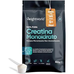 WeightWorld Creatina Monoidrata in Polvere 500g, Creatina 3000mg 100% Pura 165 Dosi, 5+ Mesi, Fattore di Maglia 200, Creatina Vegana Micronizzata con Misurino, Creatina Monoidrato Pre Workout, Intra, Post Workout