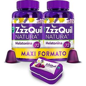 ZzzQuil Natura Integratore con Melatonina pura ed Estratti Di Valeriana Per Dormire, Camomilla e Lavanda, Maxi Formato Frutti Di Bosco 2x72 Gommose + Travel Case Viola