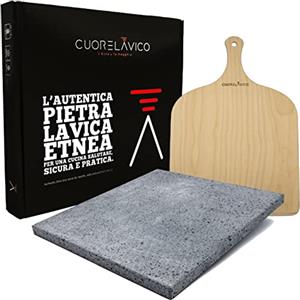 CUORE LAVICO - KIT PIETRA REFRATTARIA IN PIETRA LAVICA ETNEA PER PIZZA 39X35X2 CM + PALA PER FORNO A GAS, ELETTRICO E BARBECUE PER PANE E PINSA - MADE IN ITALY - IDEA REGALO