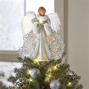 Huasean Puntale Per Albero Di Natale Con Angelo, Puntale Per Albero Di Natale Con Decorazione A Forma Di Angelo Con Ali Di Piume, Puntale A Forma Di Fata Illuminata, Decorazione Natalizia Con Angelo, 30 Cm