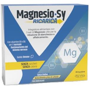 SYRIO Magnesio Sy Ricarica - Integratore Alimentare in 20 Bustine con 3 Sali di Magnesio e Vitamine B1 e B6