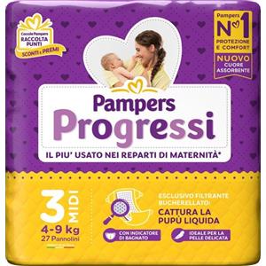 Pampers Progressi 3 Midi - Pannolini 27 Pezzi (4-9 kg) con Cuore Assorbente e Indicatore di Bagnato