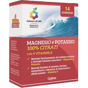 Optima Naturals Colours of Life - Magnesio e Potassio 100% Citrati con 9 Vitamine B - 14 Bustine