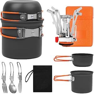 BILIPLE Set di 6 Pentole da Campeggio, Pentole Set da Campeggio con Mini Fornello Portatile, Set da Cucina da Campeggio Pieghevole, per 1-2 Persone, per Picnic, Campeggio, Arrampicata, Trekking