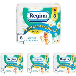 Regina Cartacamomilla - 8 Rotoli di Carta Igienica, 300 Soffici Fogli a 3 Veli, Delicata e Consistente, Confezione in Carta Riciclabile (Confezione da 4)