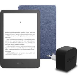 Amazon Il nuovo Kindle (versione 2024) da 16 GB con pubblicità, una copertura in tessuto Amazon e un alimentatore Amazon Powerfast da 9 W.