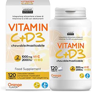 Agocap Vitamina C+D3, 120 compresse MASTICABILI, Vitamina C 1000mg + Vitamina d 2000 ui per dose giornaliera. Per difese immunitarie. Vitamina D e C, Agocap