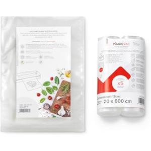 Magic Vac, 50 Sacchetti Sottovuoto 25x35 cm e 2 Rotoli Sottovuoto per Alimenti 20x600 cm, Resistenti, Privi di BPA, Brevettati, Made in Italy