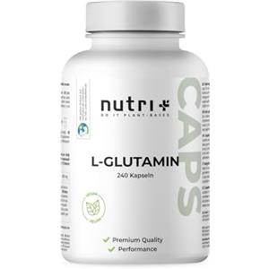 Nutri + L-GLUTAMMINA Capsule Vegane + Alto Dosaggio - 240 Mega Caps - 750 mg L-Glutamina Pura a Capsula - Fitness & Bodybuilding - A Base Vegetale - Extra Pura Senza Additivi