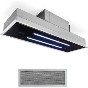 Klarstein High Line - Cappa a Isola, Cappa Aspirante, ad Incasso, 77 cm, Classe C, 410 m3/h, Ricircolo e Scarico Aria, 3 Livelli, LED, Telecomando & Filtro Carboni Attivi, Acciaio inox, Nero