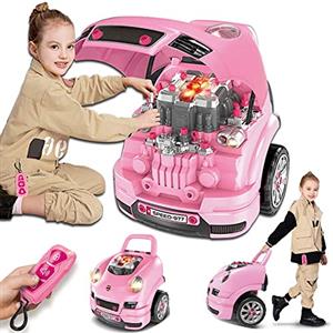 BAKAJI Officina Meccanica Macchina Elettrica da Costruire Giocattolo Bambini Gioco Costruisci la Tua Auto con Luci e Suoni Fari Funzionanti Maniglione a Spinta e Chiave Elettronica Rosa