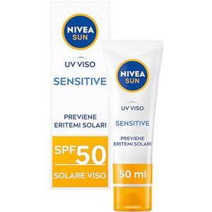 NIVEA SUN Crema UV Viso Sensitive SPF50 50 ml, Crema solare viso 50 per pelli sensibili, Protezione solare viso contro le allergie solari, Crema viso SPF 50 senza profumo dalla texture leggera