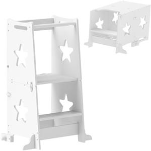 AIYAPLAY Torre Montessoriana Bambini Convertibile in Set Tavolo e Sedie con Barra di Sicurezza, Sgabello per Bambini 3-6 Anni in Legno, Torre di Apprendimento per Bagno, Cucina e Toilette, Bianco