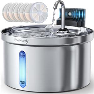 FEELNEEDY Fontanella per Gatti Senza Fili con Sensore-3.5L con 6 Set Filtri | [Separazione acqua e batteria] Distributore Automatico d'acqua in Acciaio Inox, Fontana a Batteria 4000mAh