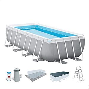 Intex 26792NP - Piscina Fuori Terra Prisma Frame Rettangolare, Pompa Filtro 3785 L/h, Scaletta, Telo Base e Copertura, 10874 L, Acciaio e PVC, Grigio, 488x244x107 cm