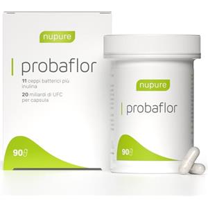 Nupure® Fermenti Lattici Probiotici Probaflor 90 capsule, 20 Miliardi di UFC e 11 ceppi batterici speciali brevettato con Prebiotici Inulina, meglio protetti grazie allo speciale contenitore, vegan.