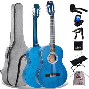 Winzz Chitarra Classica 4/4 Principianti per Adulti e Bambini 12+ Anni, Kit Chitarra Acustica Spagnola 8 Accessori con Poggiapiedi, Porta da Muro, Corde di Nylon (39 Pollici, Opaco, Blu)