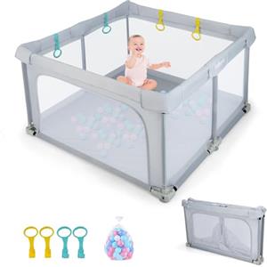 RELAX4LIFE Recinto Pieghevole per Bambini con Box Giochi, 4 Anelli, 50 Palline Oceaniche, Borsa, Porta con Cerniera, Senza Montaggio, in Tessuto Oxford (Grigio, 127x127cm-Piega a pannelli)