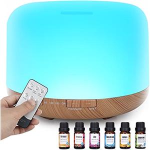 TENEVEAMO 500ml Diffusore di Oli Essenziali, Senza BPA Umidificatore ad Ultrasuoni con Telecomando e 6 * 10ml Olio Essenziale - Spegnimento Automatico Senza Acqua,Giallo