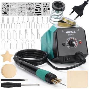 YIHUA 939-V Pirografo per Legno con 23 Punte Pirografo in Filo di Fiverse Forme, Penna per Pirografia Staccabile, 6 Pezzi di Legno, 6 Stencil, Cacciavite e Pinzette