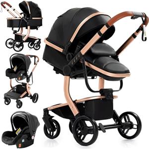 MoLi Pelle PU Passeggino Trio, Passeggino 3 in 1 con Doppia Modalità Push Reversibile, Trio Passeggino Neonati con Grande Navicella, Carrozzina per Neonati in Alluminio Pieghevole (518 Black)