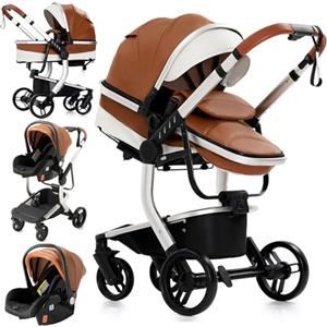 MoLi Pelle PU Passeggino Trio, Passeggino 3 in 1 con Doppia Modalità Push Reversibile, Trio Passeggino Neonati con Grande Navicella, Carrozzina per Neonati in Alluminio Pieghevole (518 Khaki)