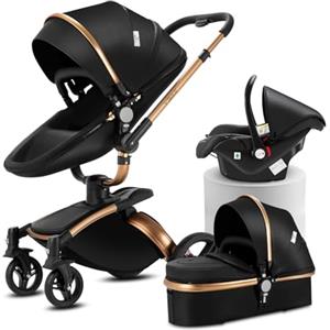 MoLi Pelle PU Passeggino Trio, Passeggino 3 in 1 con Sedile Convertibile 360°, Trio Passeggino Neonati con Grande Navicella, Carrozzina per Neonati in Alluminio Pieghevole Alta Paesaggio (906 Noir)