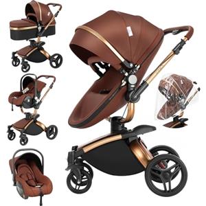 MoLi Pelle PU Passeggino Trio, Passeggino 3 in 1 con Sedile Convertibile 360°, Trio Passeggino Neonati con Grande Navicella, Carrozzina per Neonati in Alluminio Pieghevole Alta Paesaggio (906 Brown)