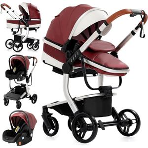 MoLi Pelle PU Passeggino Trio, Passeggino 3 in 1 con Doppia Modalità Push Reversibile, Trio Passeggino Neonati con Grande Navicella, Carrozzina per Neonati in Alluminio Pieghevole (518 Red)